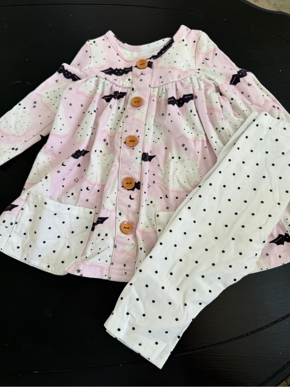 Pink Ghost Print Kids Pajama Set with Black Polka Dot Pants